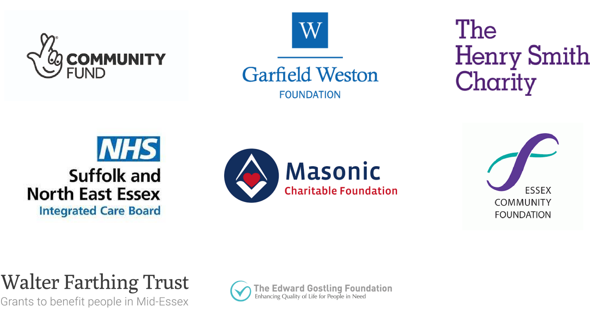 The National Lottery Community Fund Garfield Weston The Henry Smith Charity The Suffolk and North East Essex Integrated Care Board The Masonic Charitable Foundation Essex Community Foundation Walther Farthing FSA charities Edward Gostling Foundation