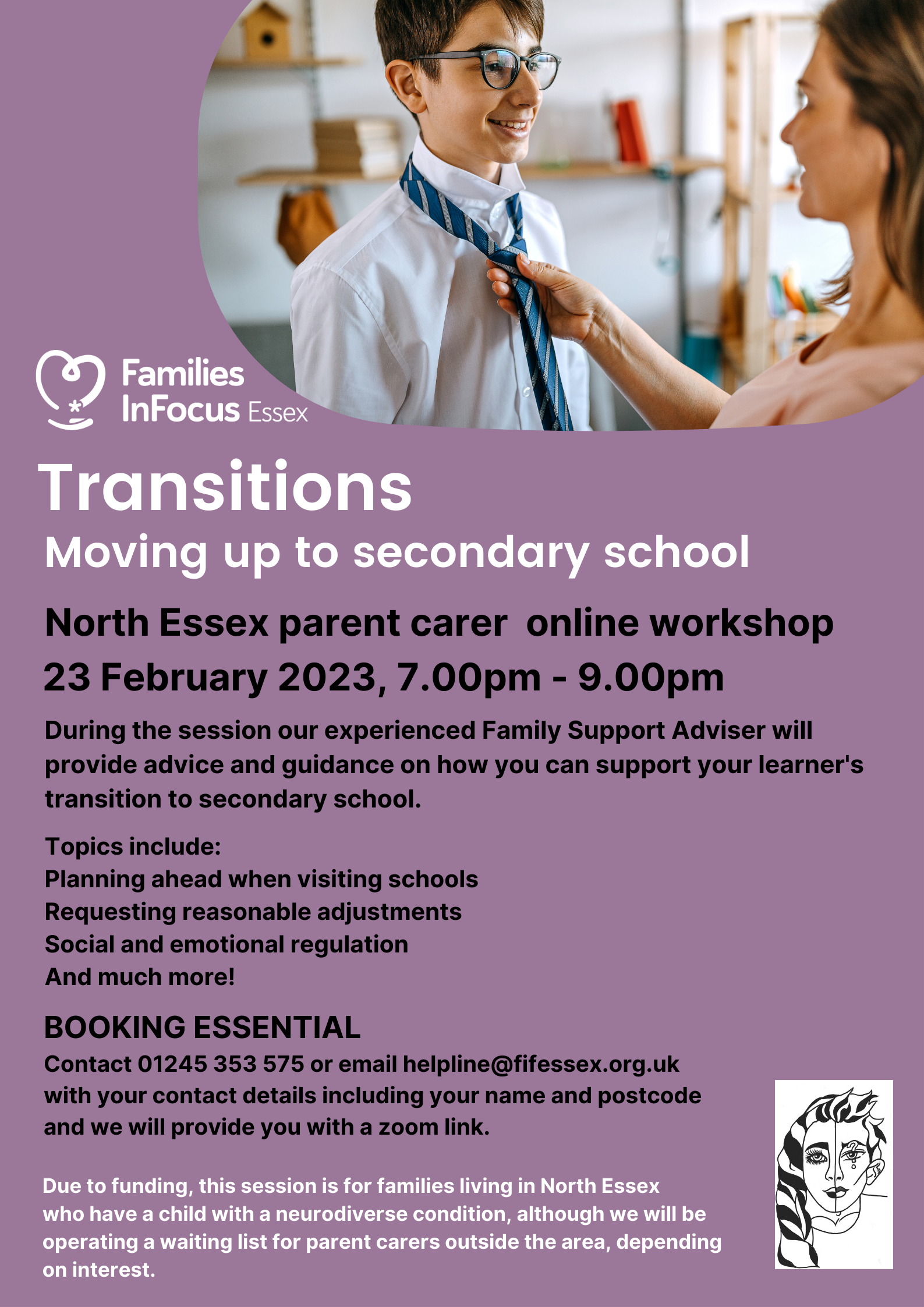 Purple coloured flyer with a photo showing a child with a parent carer adjusting his school tie. The flyer details topics covered in the online clinic