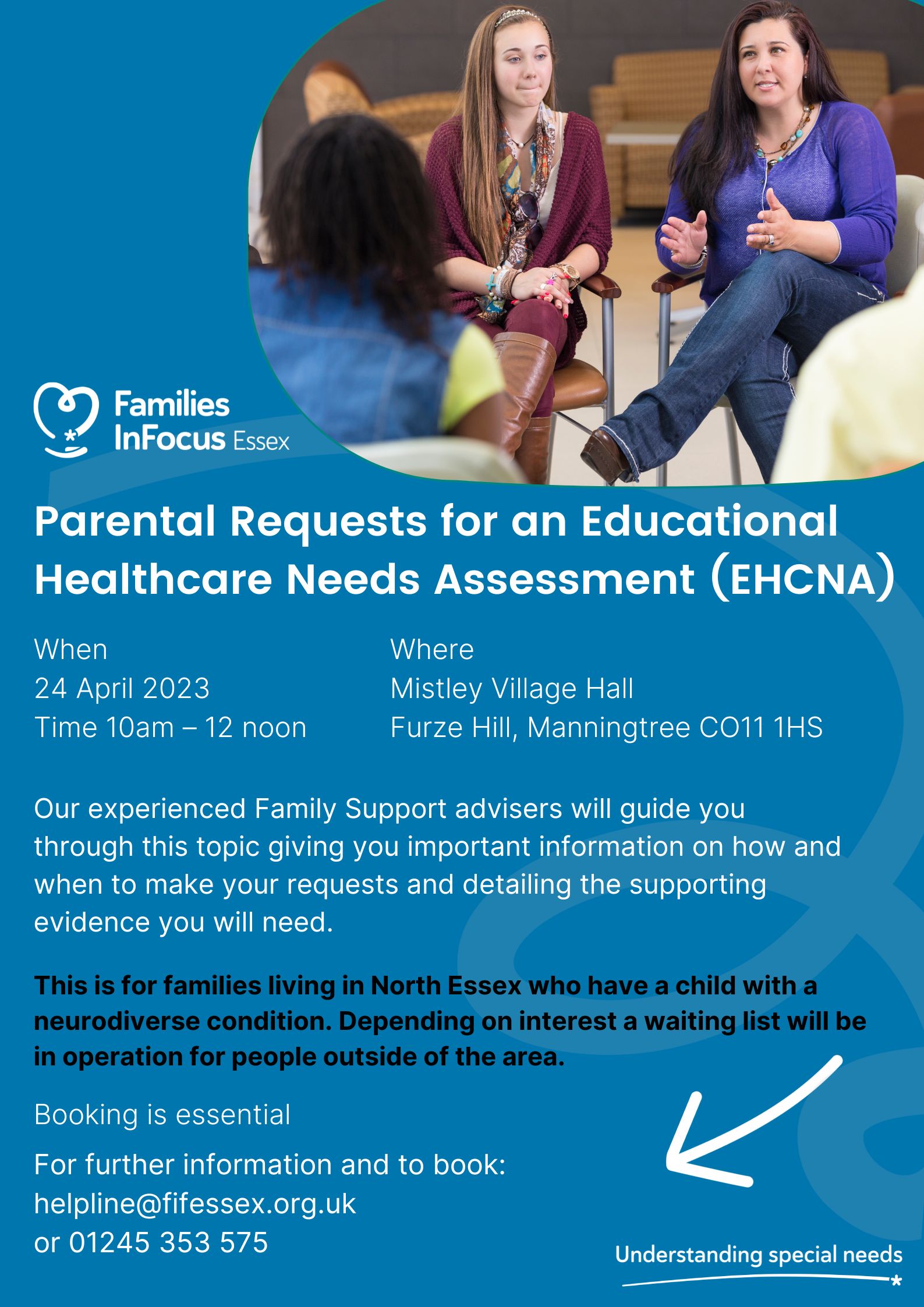 Blue flyer showing a photo of a group of women sitting down chatting.