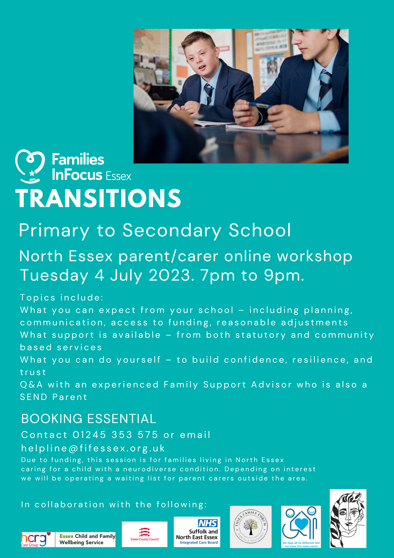 Blue background with a picture of two school children at a desk