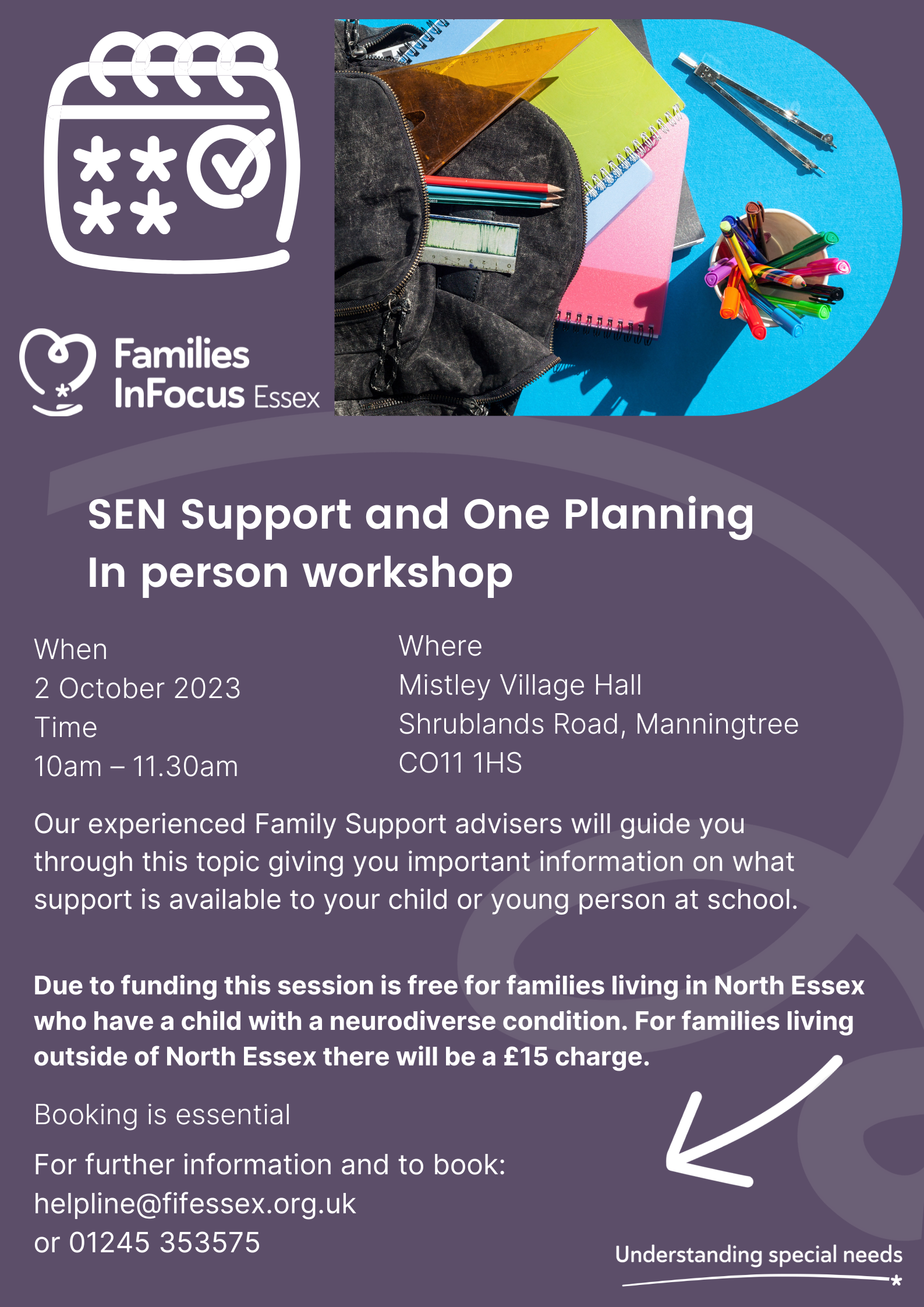 Purple background with a picture of school supplies