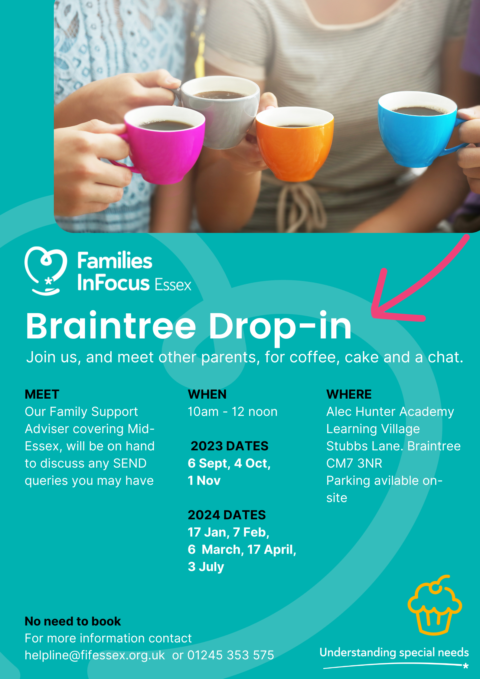 Light blue poster with a picture of people holding cups of coffee