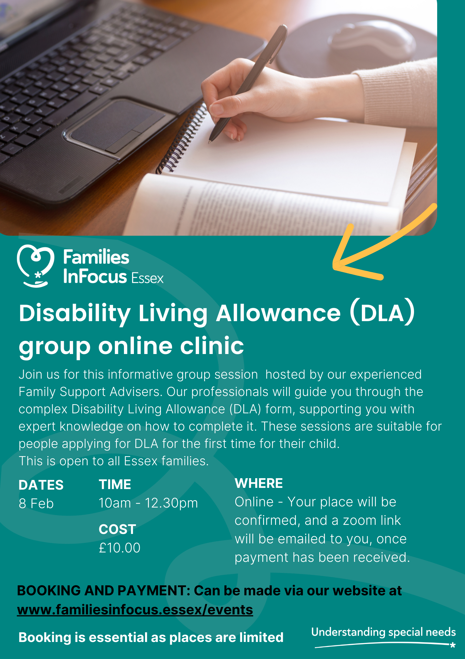 Green background with a picture of a laptop and someone writing in a notebook