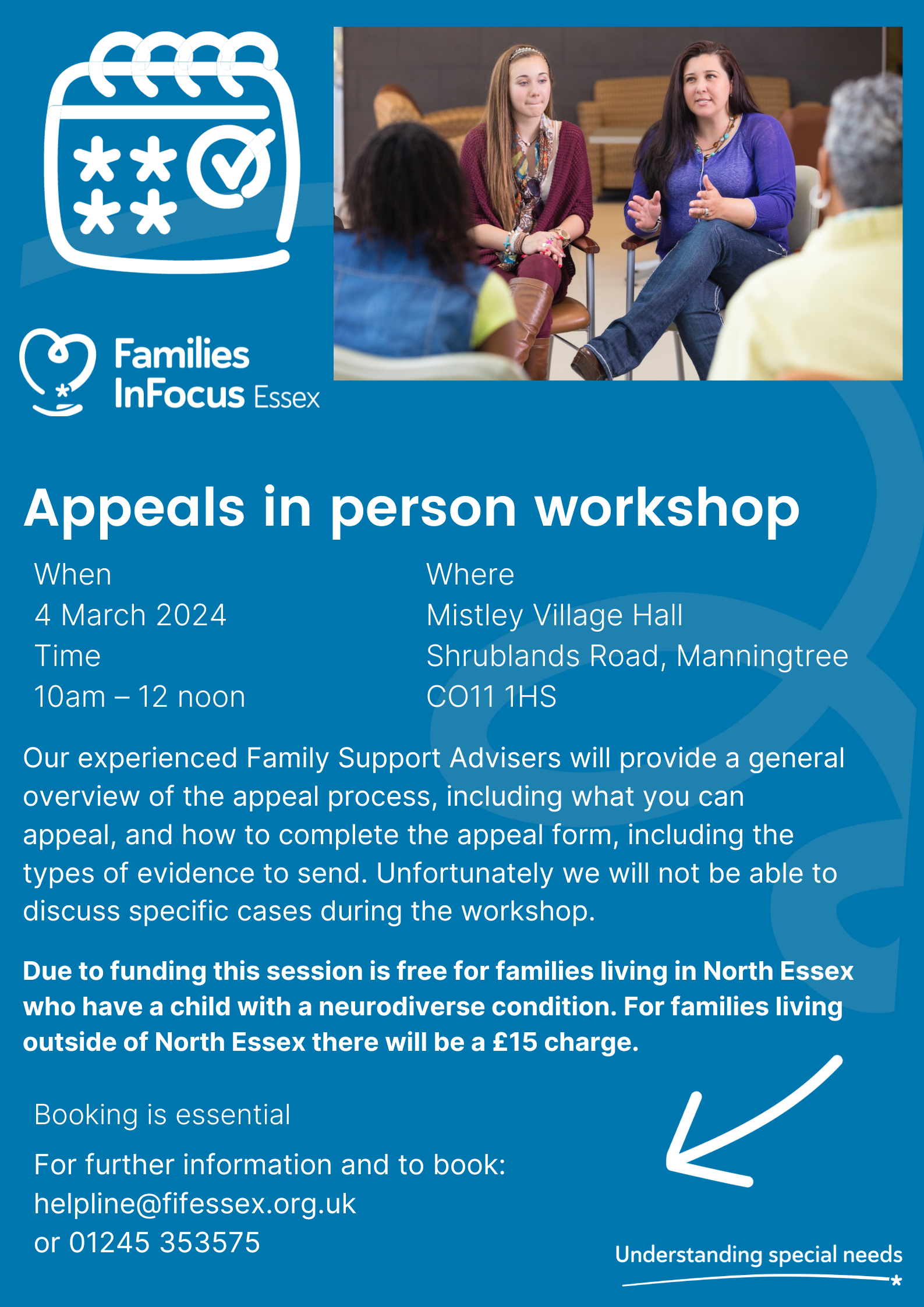 Blue poster with a picture of people sitting on chairs in a circle, having a discussion